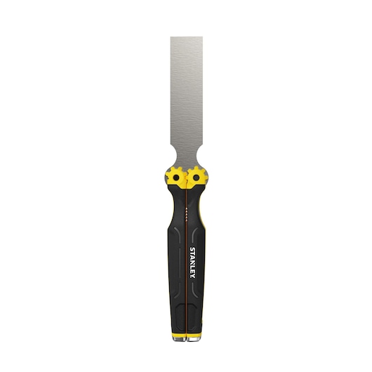 A Stanley FMHT16145 multi-purpose tool with a black and yellow handle and a flat metal blade. The tool is designed for scraping and prying, often used in construction or repair work.