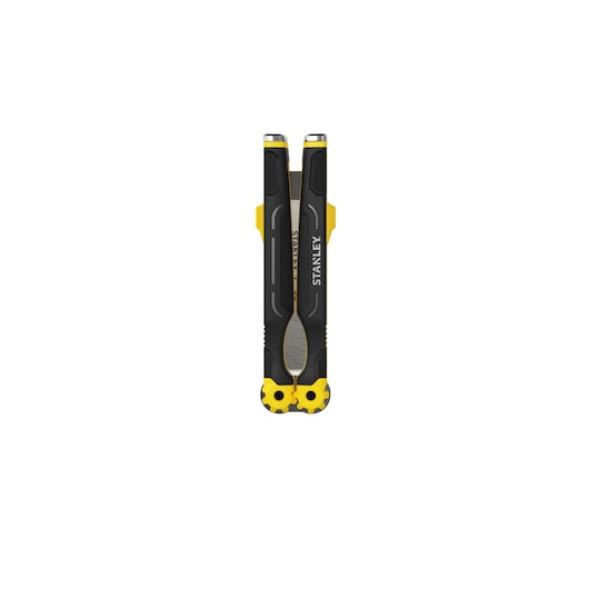 A Stanley branded black and yellow multi-bit screwdriver tool, shown closed and upright on a white background.