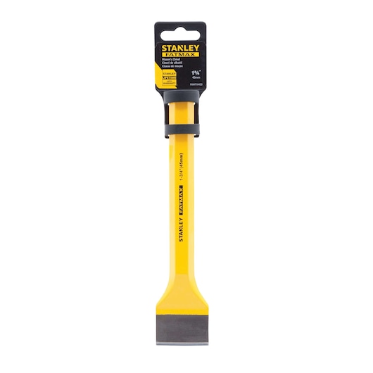 STANLEY FMHT16423 FATMAX mason's chisel, yellow steel with black grip, front angle on white background.