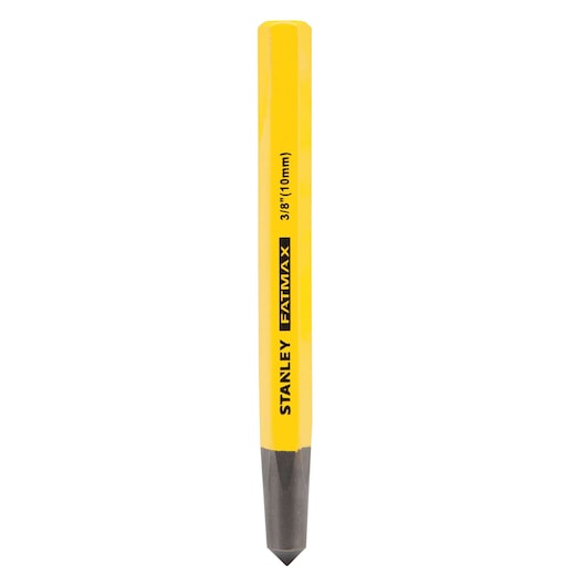 STANLEY FMHT16446 yellow steel center punch, FATMAX branding, front angle photo.