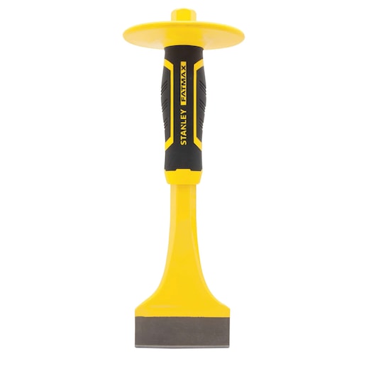 STANLEY FMHT16468 cold chisel with yellow and black handle and hand guard, front angle, white background.