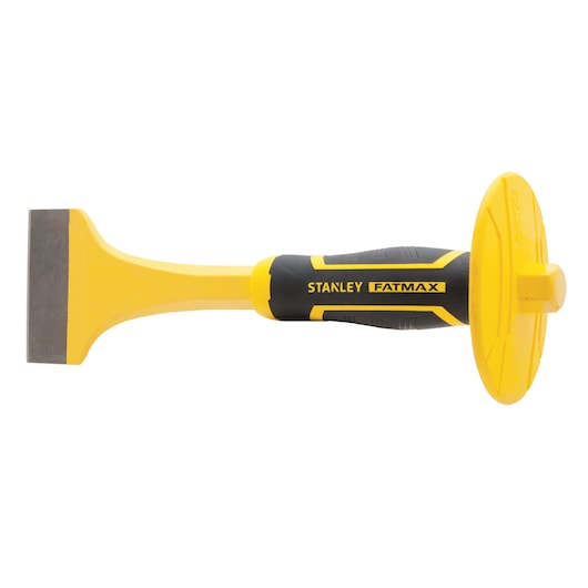 STANLEY FMHT16468 chisel with hand guard, yellow and black, side angle, photography product.
