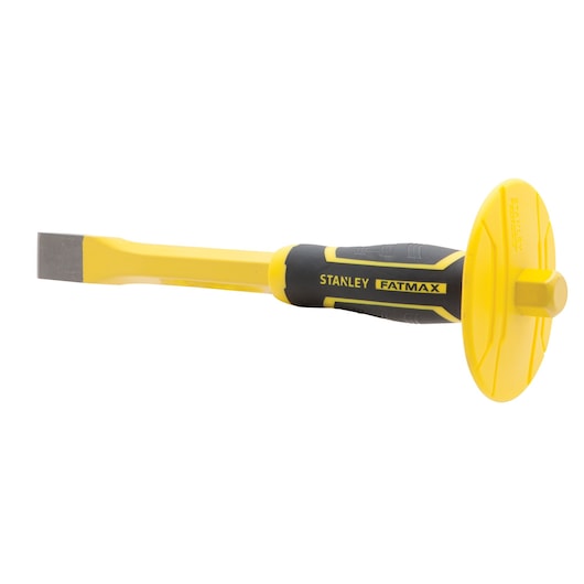 STANLEY FMHT16494 chisel with yellow protective hand guard, photographed from side on white background.