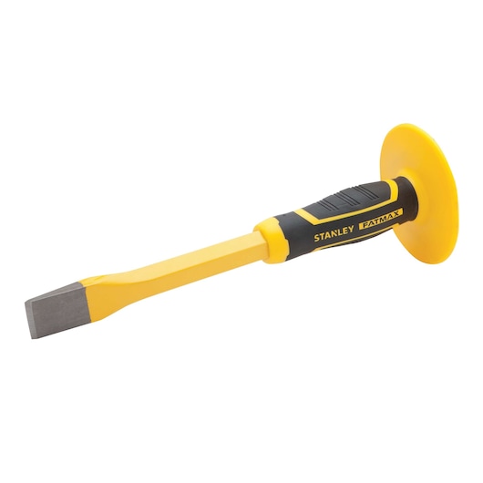 STANLEY FMHT16494 chisel with yellow blade, black and yellow soft grip handle, side angle on white background.