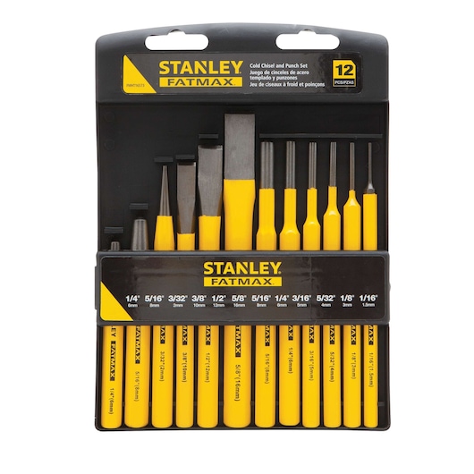 Photo of STANLEY FMHT16573 chisel and punch set, 12 yellow and black tools in plastic holder, front angle.