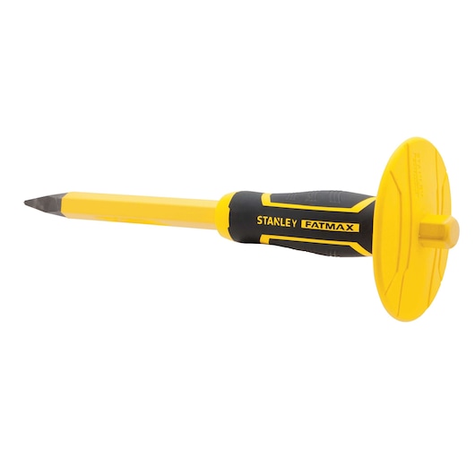 Stanley FATMAX cold chisel with yellow and black handle, guard plate, side angle, white background