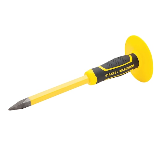 Stanley FATMAX yellow and black cold chisel with hand guard, angled side view on white background
