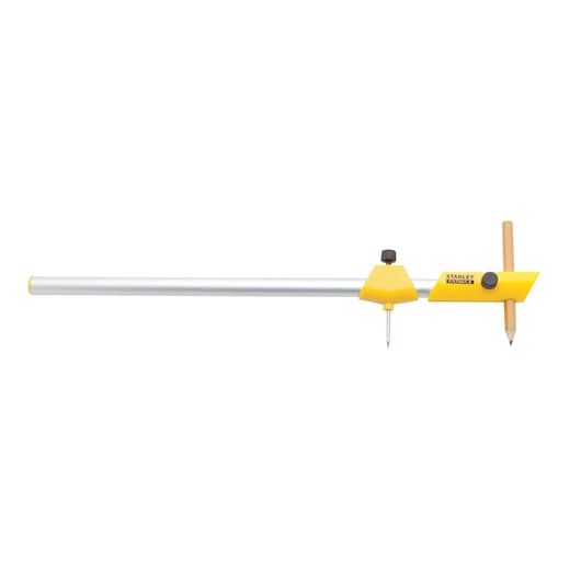 Stanley circle compass with yellow body, pencil holder, and metal arm, side view on white background