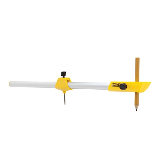 Stanley FatMax circle compass with yellow plastic housing, metal bar, and pencil, front angle on white background