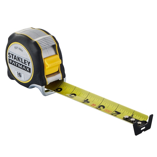 STANLEY FMHT38316S tape measure, FATMAX series, yellow blade, front angle on white background.