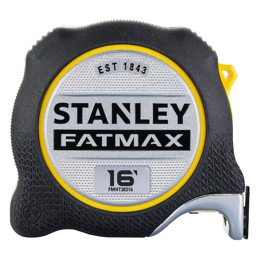 Photo of STANLEY FMHT38316S 16-foot FATMAX tape measure, front angle, black and silver case with yellow accents.