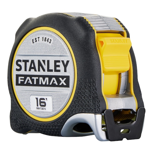 STANLEY FATMAX FMHT38316S tape measure, 16 foot, black and yellow, front angle on white background.