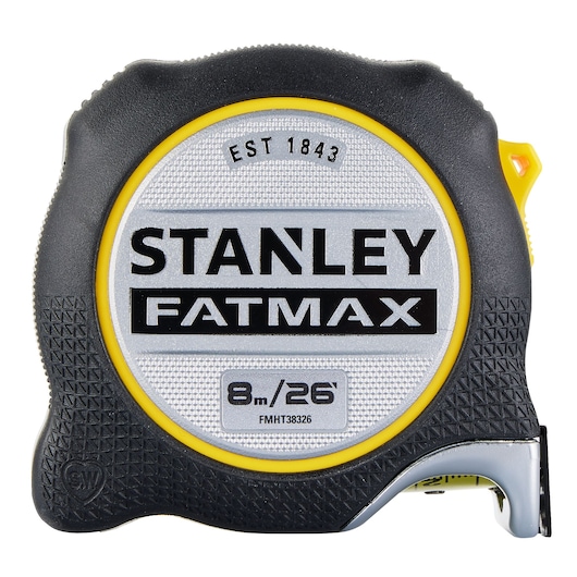 Stanley FMHT38326S tape measure, FatMax series, 8m/26ft, front angle, black and silver casing.