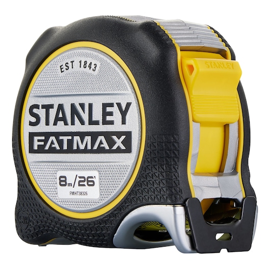Photo of STANLEY FMHT38326S FatMax tape measure, black and yellow, 8m/26ft, front angled view.