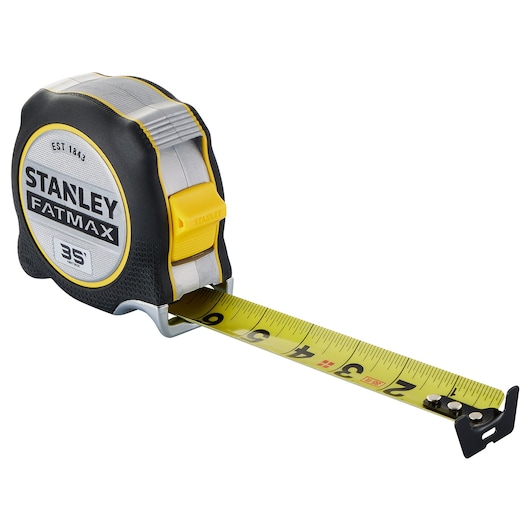 STANLEY FMHT38335S tape measure, FATMAX series, 35 ft, yellow blade, angled product photo.