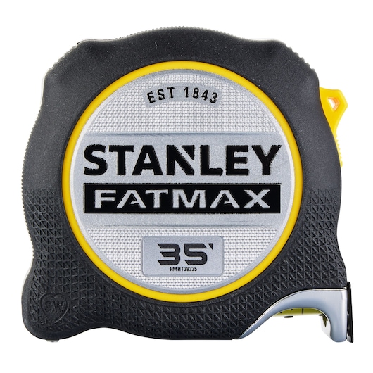 Photo of STANLEY FMHT38335S FatMax 35-foot tape measure, front angle, black and silver casing with yellow accents.