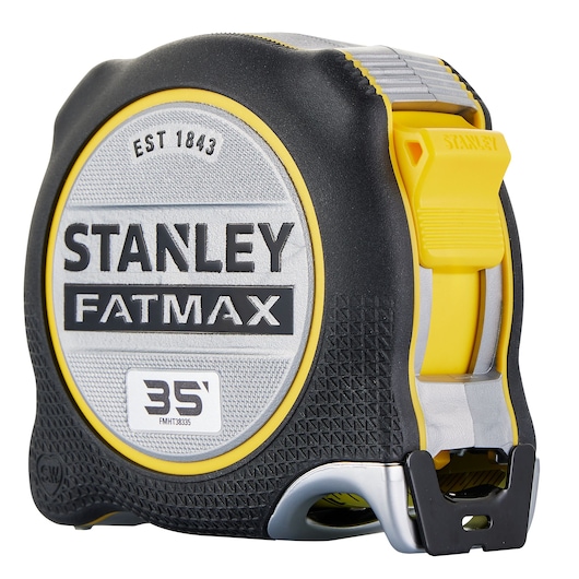 STANLEY FMHT38335S FATMAX 35' tape measure, black and yellow, front angled view, white background.