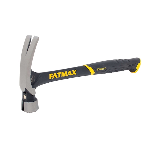 Stanley FMHT51306 claw hammer, black and yellow handle, side angle on white background.