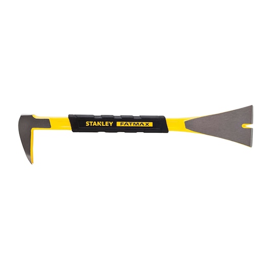 STANLEY FMHT55009 demolition bar with yellow and black handle, flat pry end and curved claw, side view on white.