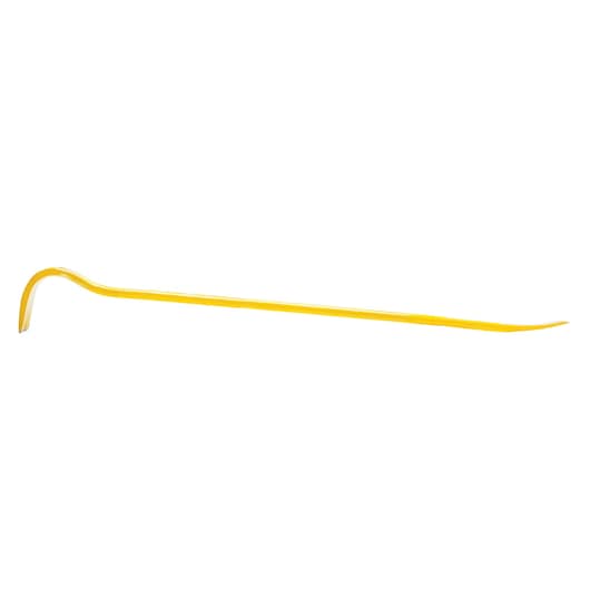 STANLEY FMHT55521 yellow steel crowbar, side angle, demolition hand tool on white background.