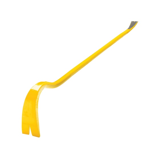 STANLEY FMHT55521 yellow pry bar with curved claw and flat chisel end, side angle on white background.