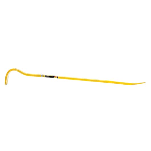 STANLEY FMHT55521 yellow steel wrecking bar with curved claw and angled chisel end, side view on white background.