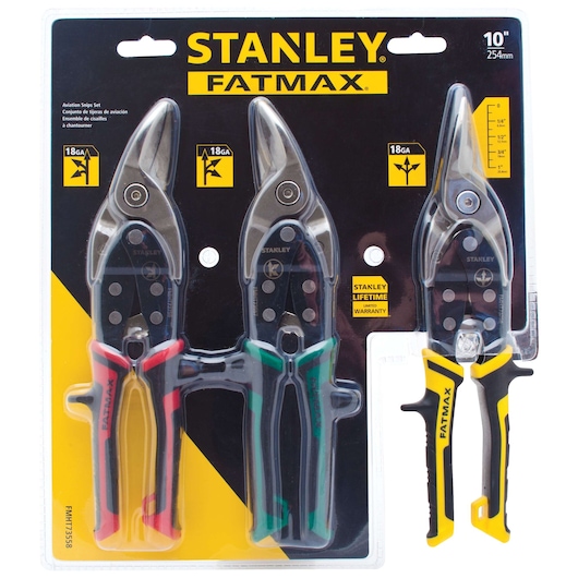 STANLEY FATMAX aviation snip set FMHT73558, three metal snips with colored handles in retail packaging, front view.