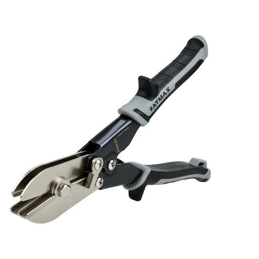 Stanley FatMax aviation snip front angle, black and gray handle, metal cutting blades, white background