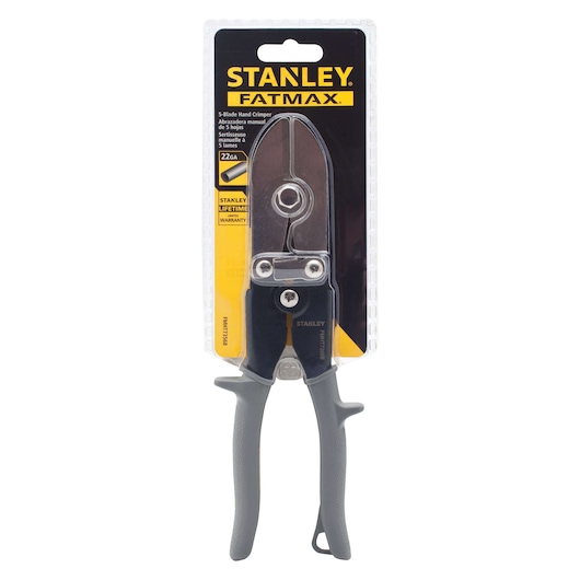 STANLEY FMHT73568 5-blade hand crimper in retail packaging, front view with black and yellow branding.