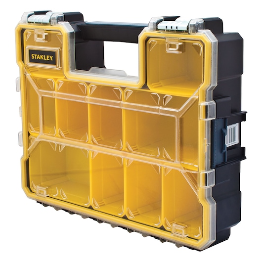 STANLEY FATMAX yellow and black plastic deep pro organizer, front angle on white background.