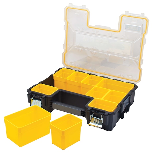 Stanley organizer box with removable yellow compartments and clear lid, angled front view on white background