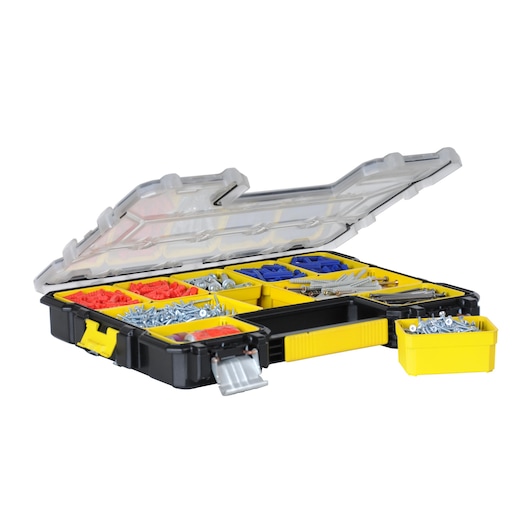 STANLEY FMST14820 organizer box with yellow compartments and assorted hardware, angle view.