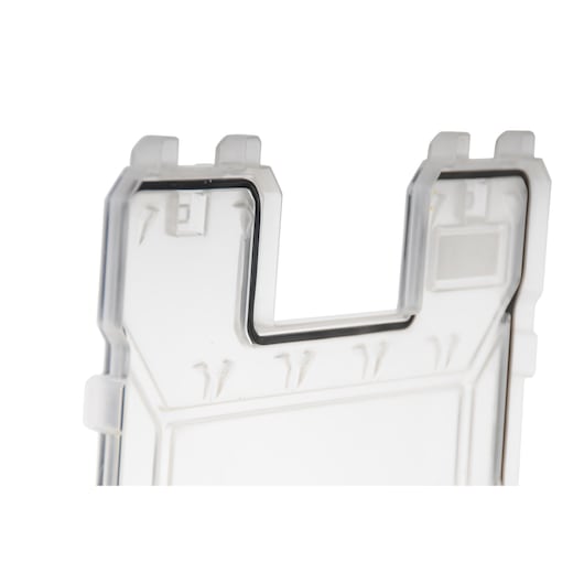 STANLEY FMST14820 clear plastic storage case lid with black gasket, close-up on white background.
