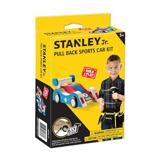 Stanley Jr. pull back sports car kit box, angled view, featuring toy car and child with tool belt