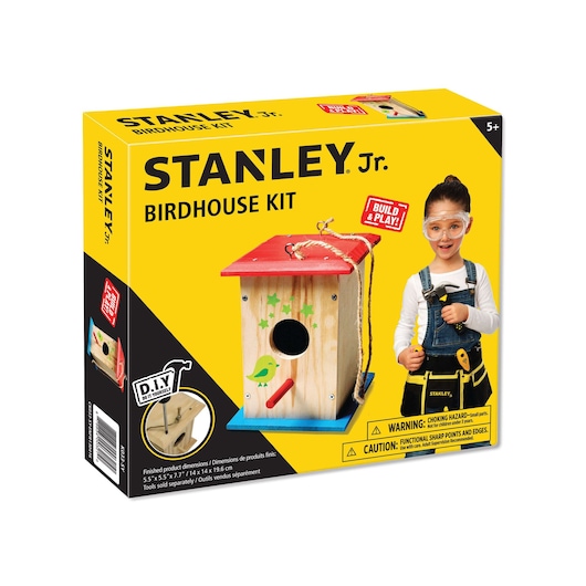 Stanley Jr. birdhouse kit box, front angle, yellow packaging with birdhouse model and Build & Play logo