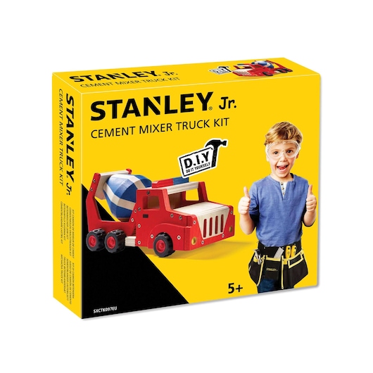 Stanley Jr. cement mixer truck kit box, showing toy truck and child with tool belt on yellow background, front angle