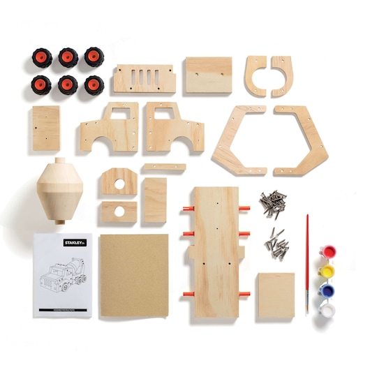 Stanley truck model kit white background, includes wooden parts, wheels, screws, paint, brush, and instructions.