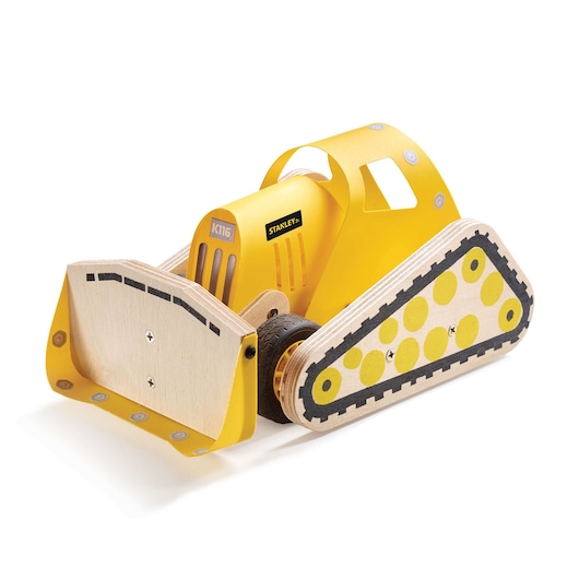 Front angle of STANLEY wooden toy bulldozer with yellow body, painted tracks, and push blade.