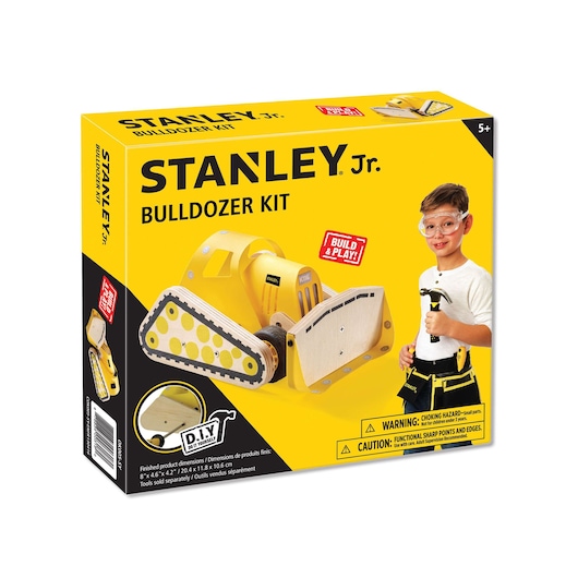 Stanley Jr. bulldozer kit box, yellow packaging, angled view, shows toy model and child with tool belt.
