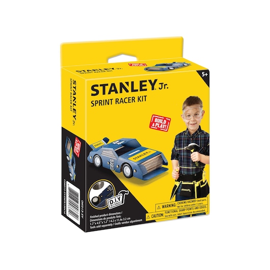 Stanley Jr. Sprint Racer Kit box, yellow packaging with blue race car and child holding a hammer, shot angled left.