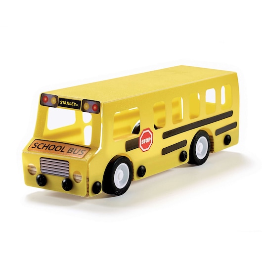 Stanley yellow toy school bus with black wheels, stop sign, and white background, front angle view