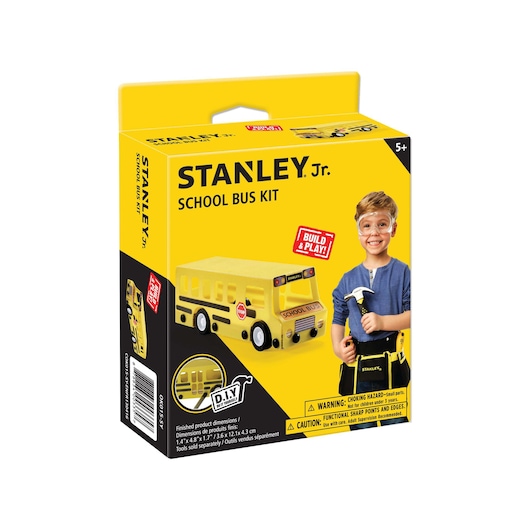 Front angle of STANLEY Jr. school bus kit box with yellow bus illustration, age 5+ DIY toy.