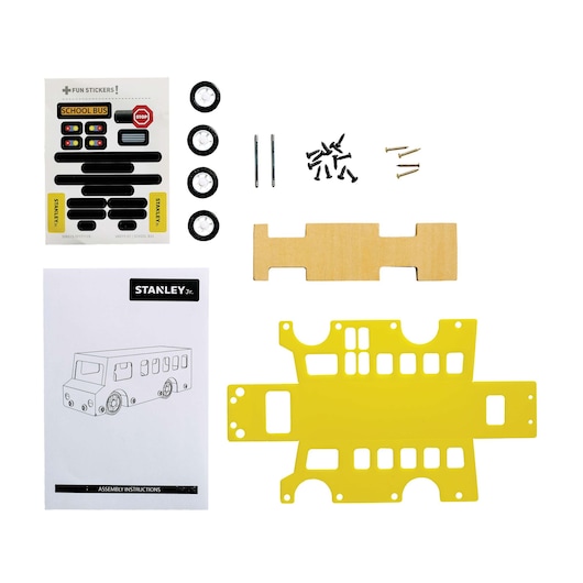 Stanley Jr. school bus model kit top view with stickers, wheels, screws, yellow bus panels, and instructions