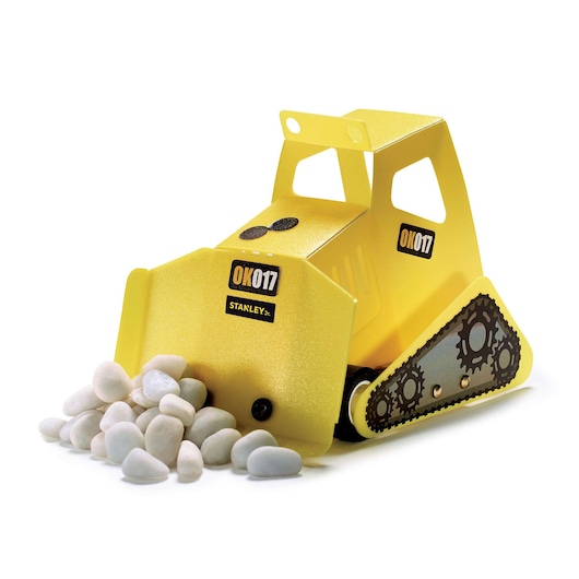 STANLEY yellow toy bulldozer with black gear detail on tracks, front view, white rocks in the blade, white background