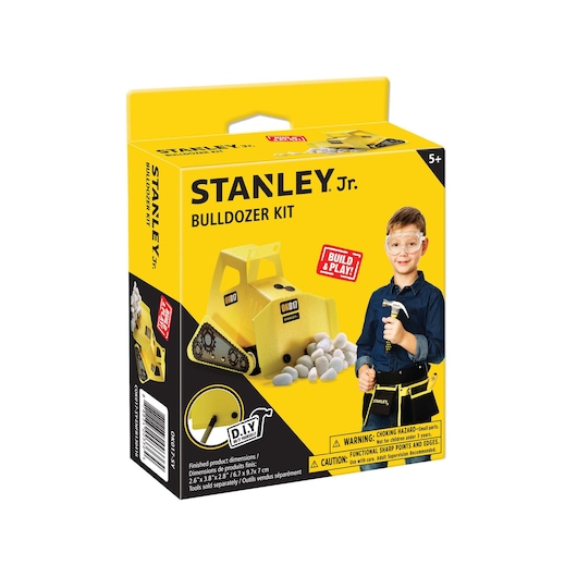 STANLEY Jr. Bulldozer Kit box, yellow with bulldozer model, rocks, and child holding a hammer, front angle.