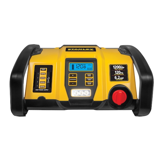 STANLEY PP1DCS portable jump starter and air compressor front view, yellow with digital display and USB ports.