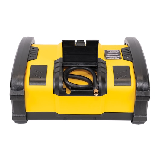 STANLEY PP1DCS portable air compressor, yellow and black, front angle on white background.