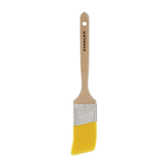 Stanley angled paintbrush with wooden handle and yellow bristles, front view on white background