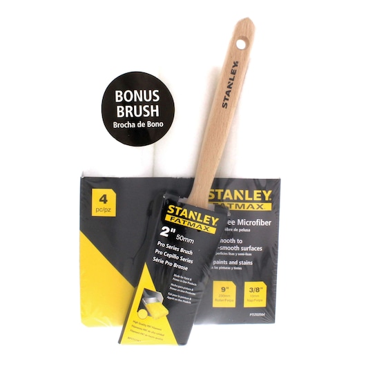 STANLEY PTST03504 paint roller and brush set with bonus brush, front angle photo on white background.