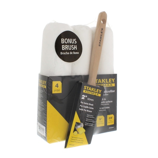 STANLEY FATMAX PTST03504 paint roller and brush set, four white rollers, bonus wooden brush, front angle.